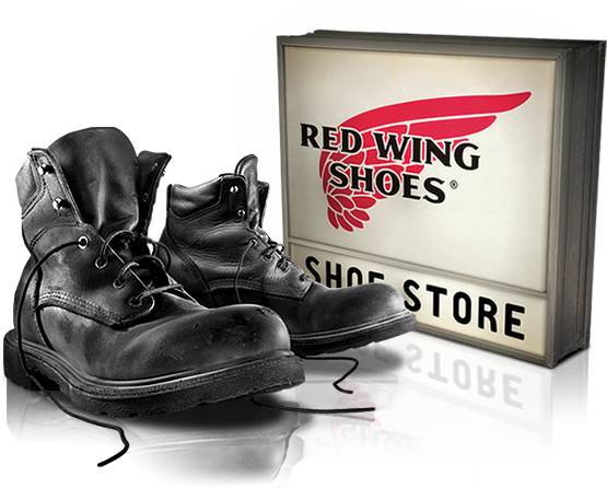 Photo of Red Wing boots and a store sign.